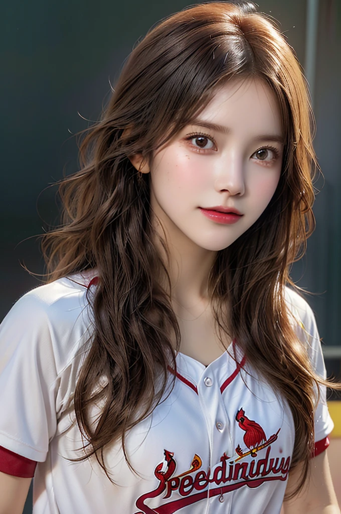 A logo of Teddi Mansueto, full body potrait of a photorealistic beautiful woman, (R18), (spectating a baseball game:1.5), hands in pockets:1.25, staring at camera in front, intense coloration fantasy, light hair, a stunning realistic photograph 20 years , random colored hair, (St Louis Cardinals fan fashion:1.3), random color eyes, full body, cover, hyperdetailed painting, luminism, octane render, Bar lighting, complex, 8k resolution concept art portrait by Martina Fačková and Prywinko Art, Artgerm, WLOP, Alphonse Mucha, Tony Taka, peach fuzz,  blemishes