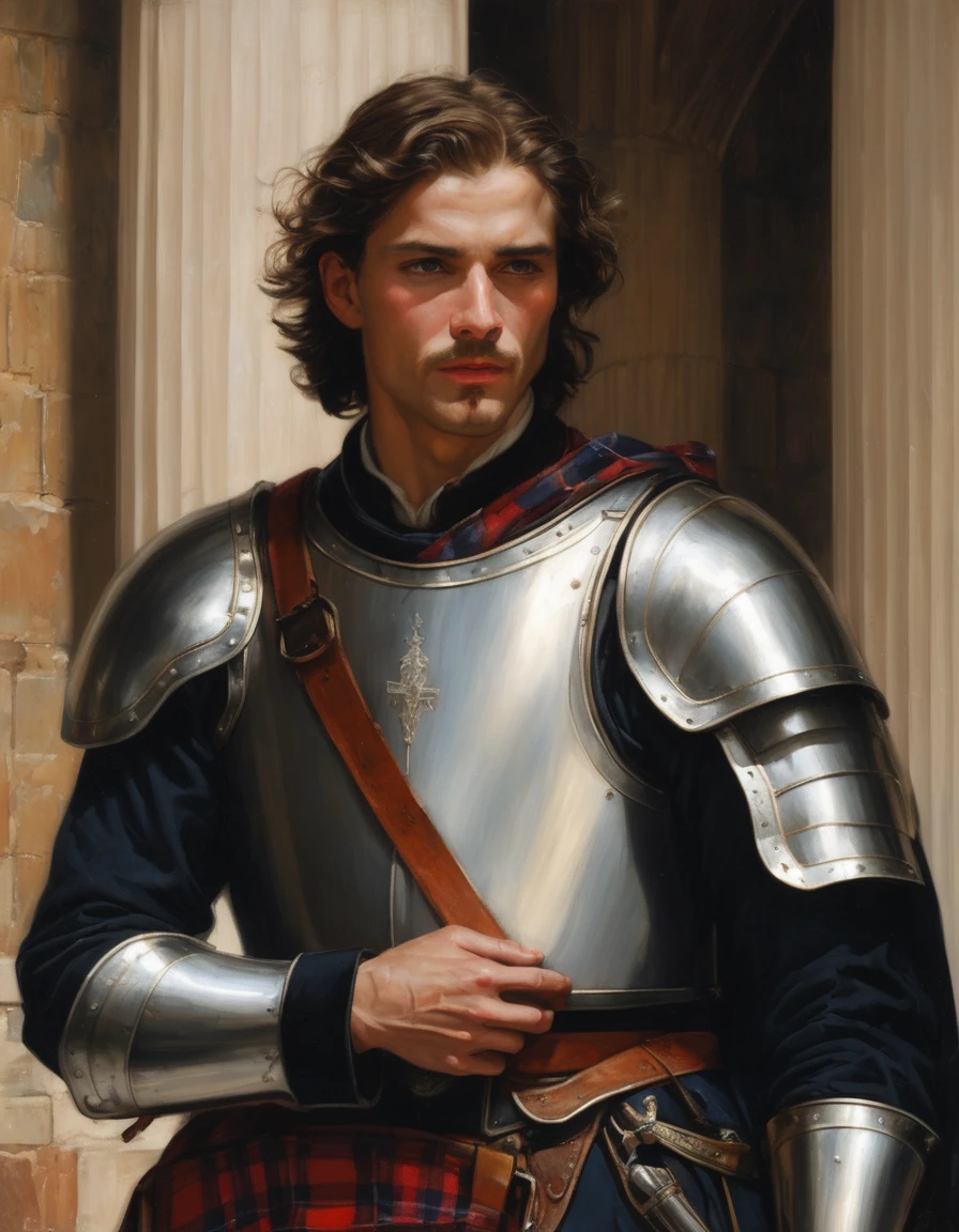 A masterpiece of realistic painting, reminiscent of Waterhouse's and Leyendecker's finest works. A half-body portrait of a young, frustrated knight, his lustful gaze cast against a column as he leans with sensual abandon. His hands cradle his crotch, showcasing his masculine power. Tired, pensive eyes betray the exhaustion of a layabout lifestyle, while disheveled locks frame his rugged features. Muscular physique is clad in plate armor adorned with tartan elements, exuding manly charm. A luxuriant moustache adds to his dashing demeanor against a Celtic-inspired background.