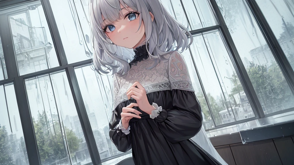 {best quality}, {very aesthetic}, {ultra-detailed}, {8k}, {Super elaborate face}, {Super-smart body}, Wet day, (A woman looking out the window indoors,), An ennui atmosphere, Super fine hair, flat chest, 1girl, Rain outside the window,