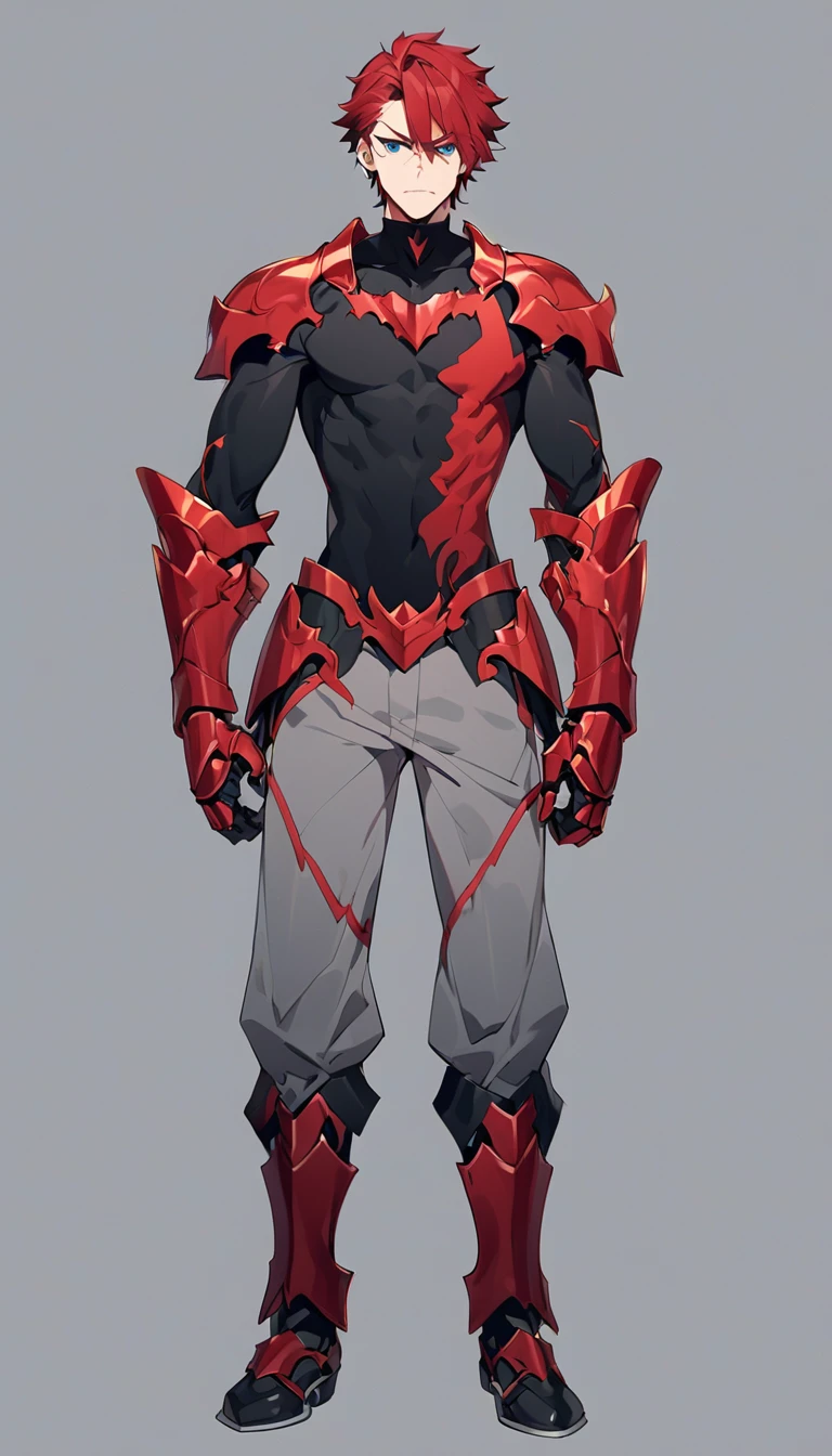 A anime man, short red hair, blue eyes, black t-shirt with armored details, gray pants with armored details, intimidate expression, black shoes, thin body, adult, standing, full body, slightly muscular body, red great gauntlets