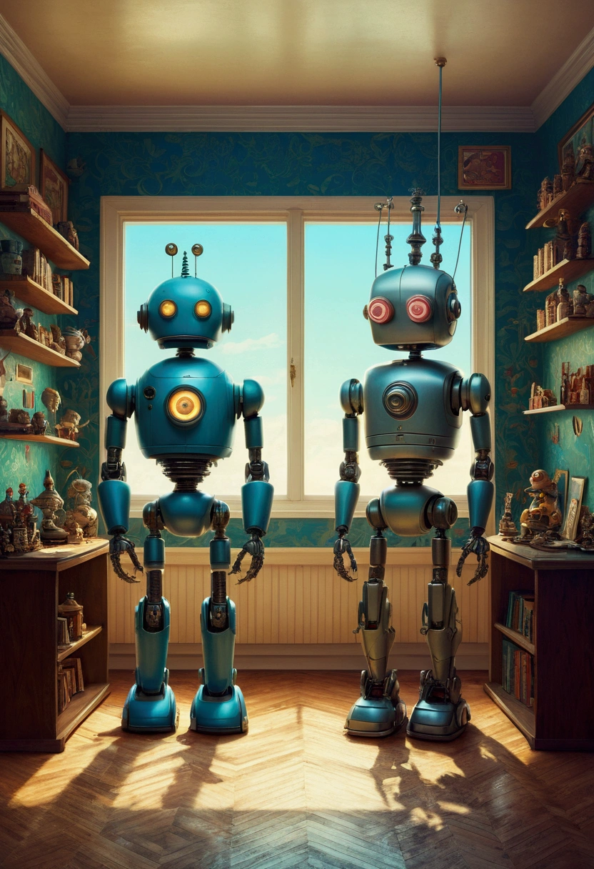 There are two robots standing side by side in the room., Beeple and Jeremiah Kettner, Alice in Wonderland Cyberpunk, James Jean and Urop, Pop Surrealism art style, benjamin lacombe, Vrop and Andrey Ryabovitchev, by Jason Teraoka, Pop Surrealism, Pop Surrealism lowbrow art style, Mark Ryden Very detailed