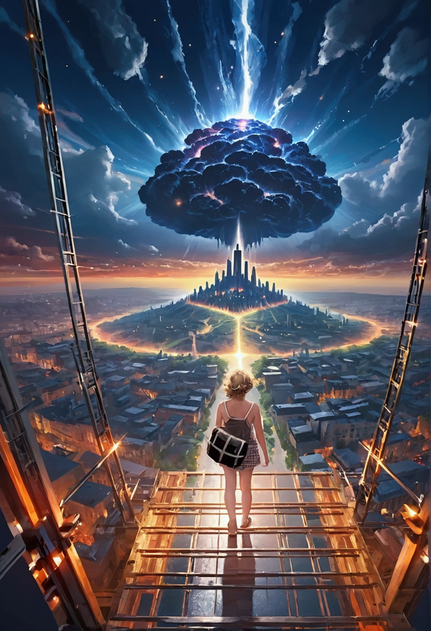 This description depicts a distant atomic explosion over a city, vue depuis une falaise. It creates an impressive cloud of rain. The scene is breathtaking, with landscapes of striking reality, des textures authentiques, Ultra-high-definition resolution, Stunning photos captured by professional cameras, un rendu octane, volumetric lighting, et elle est le fruit d'artistes mondialement reconnus. These creations are award-winning masterpieces,absence de personnages humains.