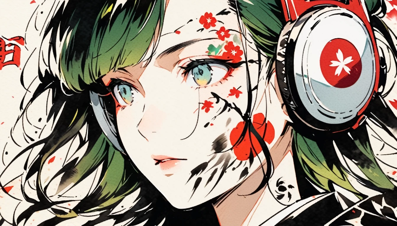 (((Ink Painting))), ((Japanese style headphones)), (((Japanese pattern tattoo on face))), face close up, Gorgeous hair accessories, Japan人の女, Fluttering Hair, Japan, Japanese flag, green