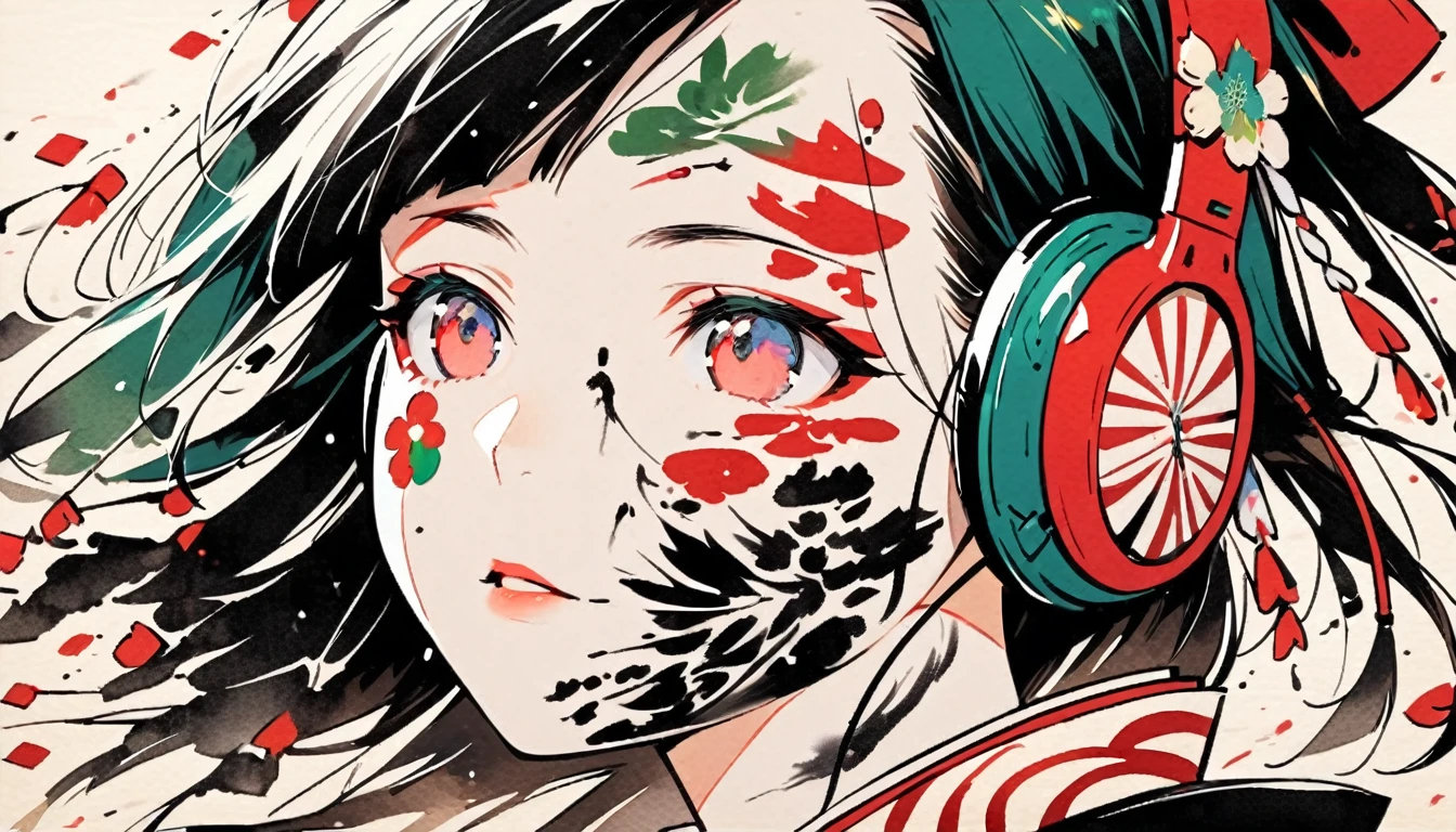 (((Ink Painting))), ((Japanese style headphones)), (((Japanese pattern tattoo on face))), face close up, Gorgeous hair accessories, Japan人の女, Fluttering Hair, Japan, Japanese flag, green