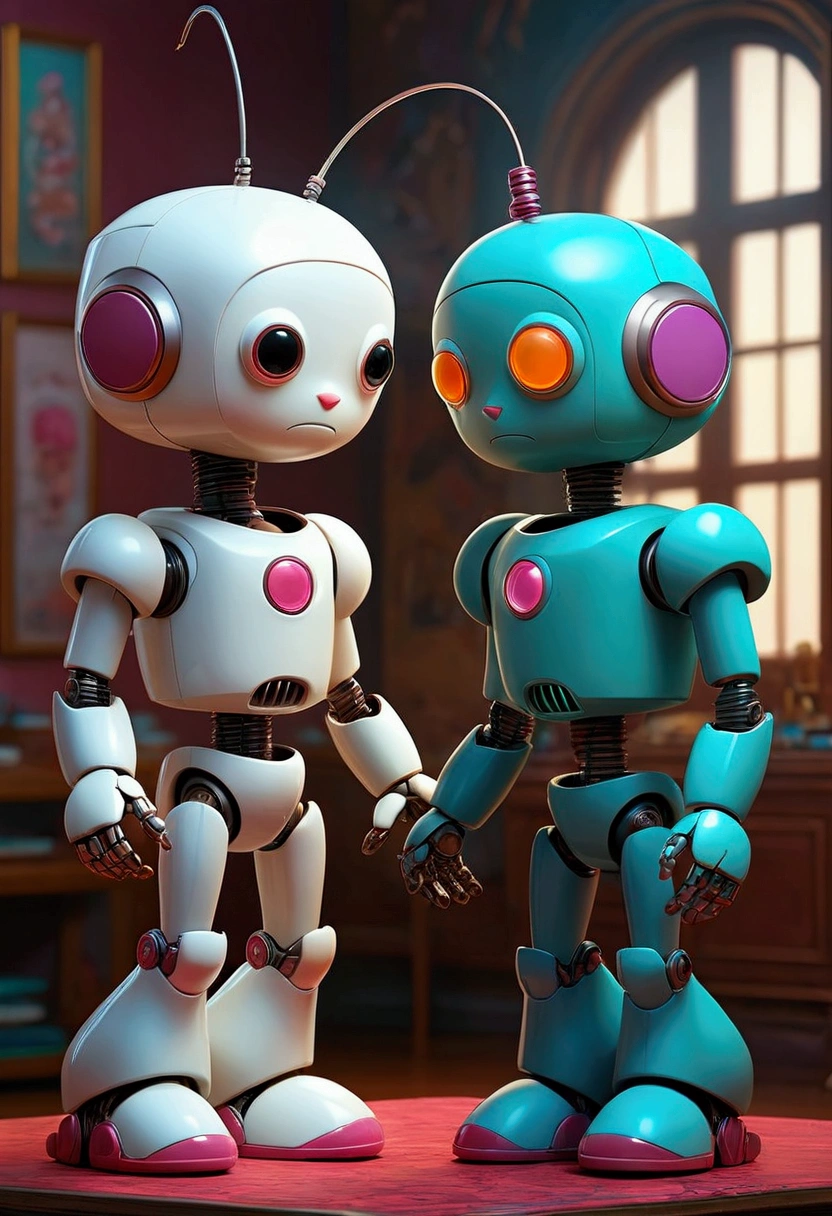 There are two robots standing side by side in the room., Beeple and Jeremiah Kettner, Alice in Wonderland Cyberpunk, James Jean and Urop, Pop Surrealism art style, benjamin lacombe, Vrop and Andrey Ryabovitchev, by Jason Teraoka, Pop Surrealism, Pop Surrealism lowbrow art style, Mark Ryden Very detailed