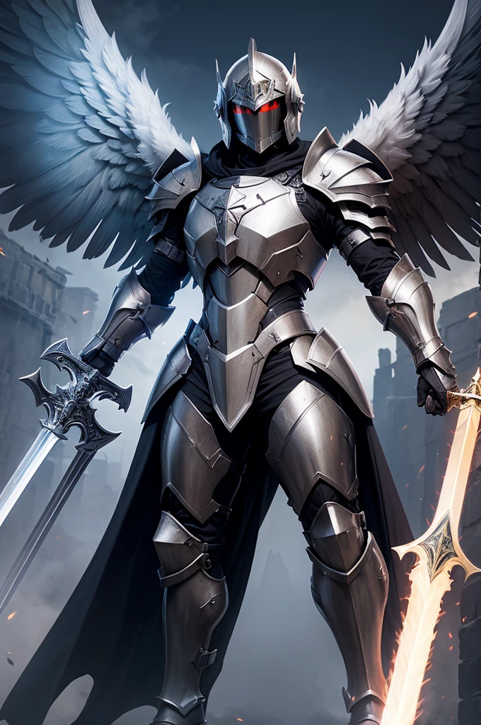 Monster archangel with full armor and helmet, with divine sword and divine shield, with immortal power, Super strength, furtive.
