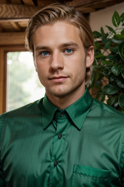 31 year old man, with little beard, blond hair, green eyes, formal dress and english nationality