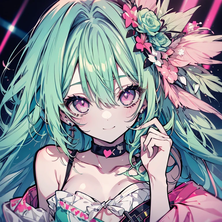 1 girl、mature、Ample breasts、Long Hair、Mint green hair、Pink Eyes、Punk Costume、Idol、Shoulder Bare、Tube top、Belly button、choker、headphone、Night view、live、stage、Hold the microphone、smile、Bust-up perspective、High resolution、Highest quality