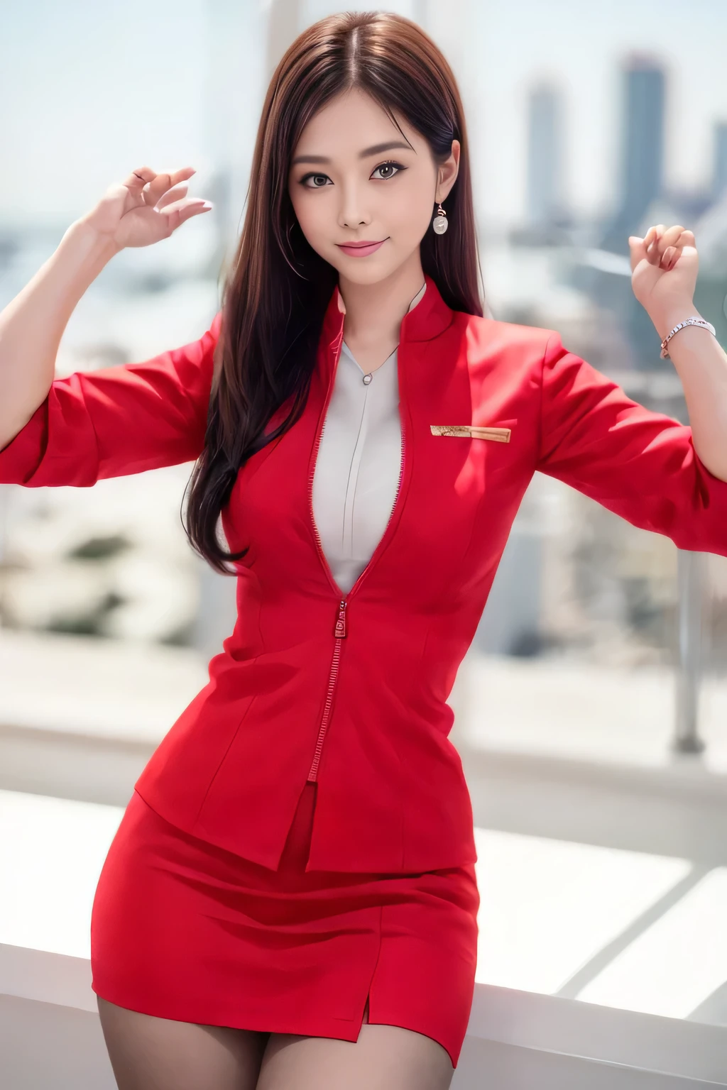 (masterpiece:1.2, Highest quality:1.2), 32k HDR, High resolution, (alone, 1 Girl), （AirAsia stewardess uniform realistic style）, A proper woman, Beautiful Face, Brown Hair, (Long hair down to the legs), (Red jacket:1.1, Unzipped jacket, Unbuttoned white shirt:1.05, Red mini skirt:1.1, pantyhose),（Showing big  through cleavage in unbuttoned white shirt）、（long hair that reaches down to the legs）、Perfect slim body:1.1, Huge breasts, huge breasts cleavage, Detailed skin texture, Beautiful Eyes, (Attractive look:1.2), necklace、Earrings、(forward leaning posture:1.5）, On the roof of a building, Rooftop at daytime,Blue eyes、Hands should be lowered