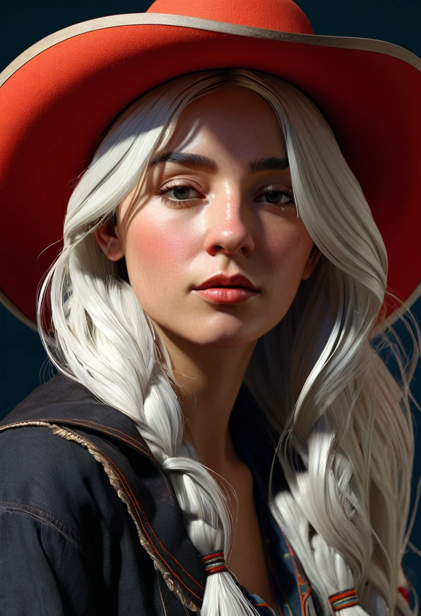 Hyperrealistic female character art by David Hockney and Alphonse Mucha, Fantasyart, realist art, dynamic lighting, art station, volumetric lighting, Very Detailed Faces, 8 mil,Full HD, awardwinning,, 1 girl, in dark, deep shadow, inconspicuous, cowboy shot, (official clothing: 1.4), long hair, White hair, hair with black highlights