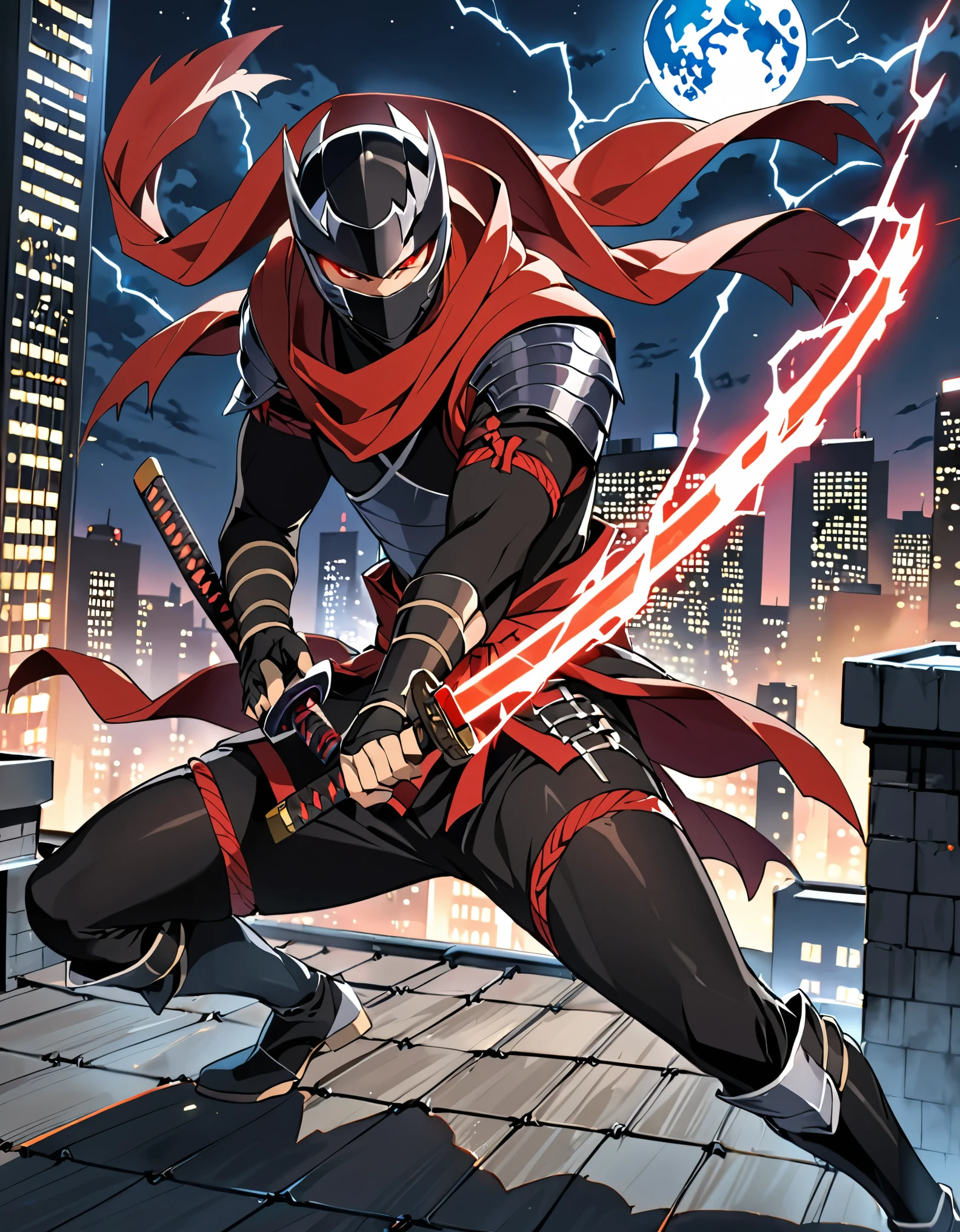 (masterpiece), (best quality), (high res), (solo, solo focus), 1male, male focus, ninja, helmet, metal claws, glowing red eyes, using weapon, katana, matching black gloves, black bodysuit, armor, black knee pads, white boots, new york backdrop, midnight, moon, rooftop, outdoors, standing, menacing look, (his body surrounded by electricity), white aura, full-body costume design.