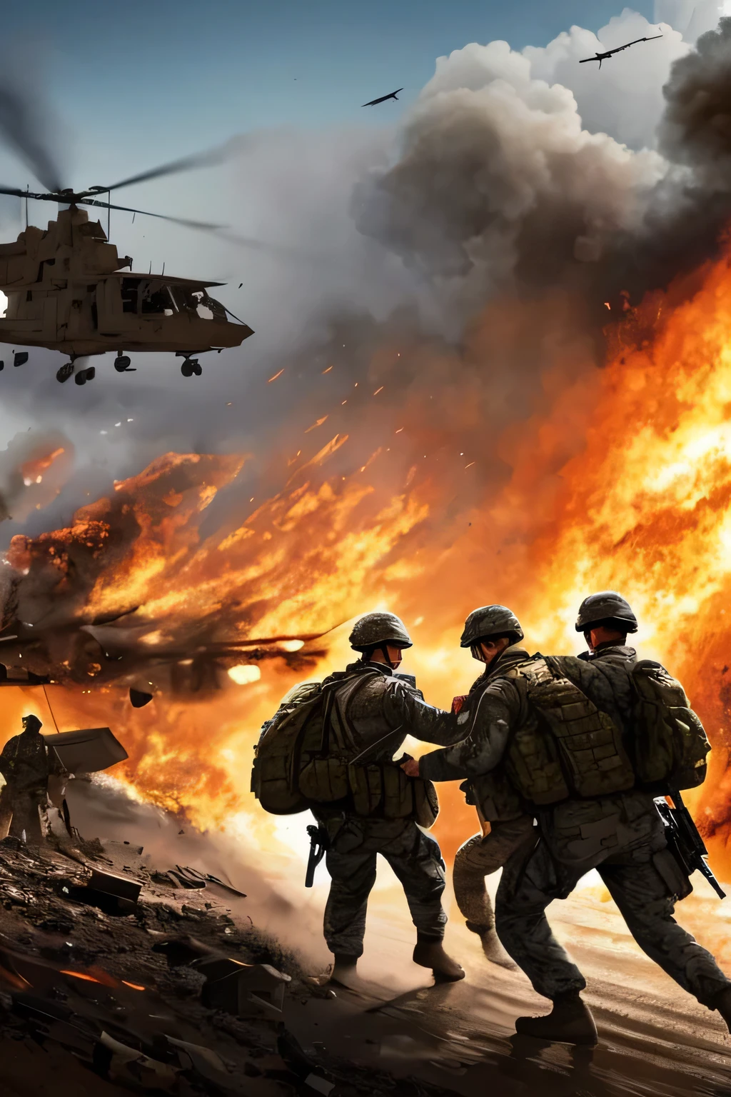 Draw a high definition image of an injured soldier being rescued in a war environment. The scene should show the bravery and solidarity of teammates, as they carry the soldier to safety. Surrounding scenery should include signs of recent combat, with smoke and debris in the background, conveying the intensity and heroism of the moment.