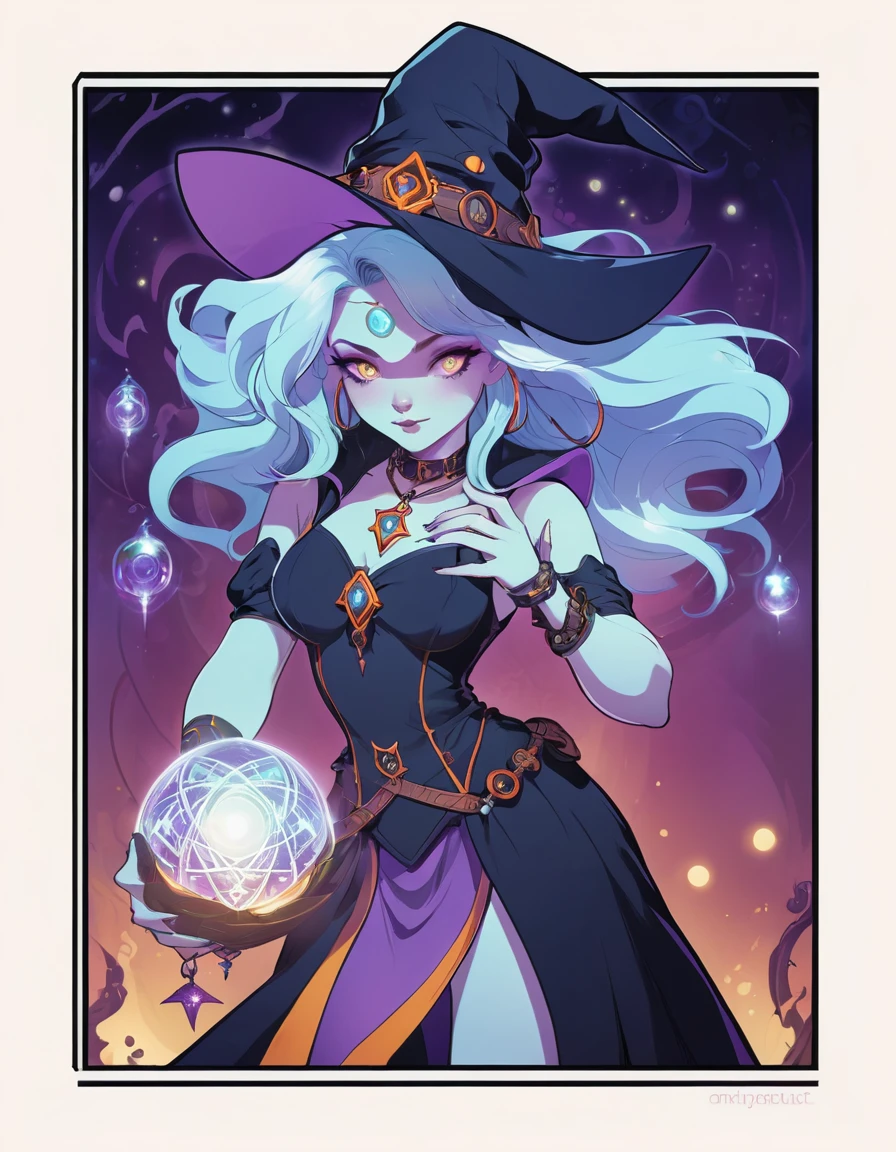 depicts a modern-day witch who has embraced the world of cybernetics to enhance her magical abilities. The artwork should convey the enchanting blend of traditional witchcraft and futuristic technology. Here are some specific elements to include: The Witch's Lair: The setting should be a cozy yet slightly eerie room, filled with magical books, crystal balls, potion ingredients, and antique furnishings. The room should be dimly lit by candles and a soft, mystical glow emanating from her cybernetic enhancements. The Cyborg Witch: The central focus of the artwork is the witch herself. She's a striking figure with a mix of traditional witch attire and cybernetic enhancements. Her clothing should have a witchy, occult aesthetic, with flowing robes, a pointed hat, and an intricate pentagram necklace. Her arms, however, have been upgraded with cybernetic components that incorporate magical symbols and glowing runes. Magical Interface: The witch is in the midst of casting a spell, with a holographic, touch-screen interface floating before her. This interface includes spell incantations, arcane symbols, and digital components, demonstrating her fusion of magic and technology. Spell Ingredients: On a nearby table, there should be a collection of spell ingredients, like herbs, potions, and magical artifacts. Some of these items may have been modified with cybernetic enhancements, blurring the line between the natural and the technological. Familiar: The witch's familiar, perhaps a cat or raven, should be present in the scene, serving as her magical companion. The familiar could also have subtle cybernetic enhancements or glowing eyes. Glowing Runes: The room should be adorned with ancient symbols and glowing runes on the walls and floor, contributing to the magical atmosphere. Aetherial Lighting: Use a combination of mystical, ethereal lighting and cybernetic glows to create a captivating interplay of light and shadow. The contrast between the tradit