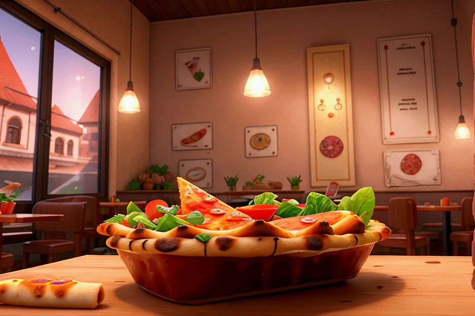 in restaurant, salad and a pizza, 3D pixat, extreme details