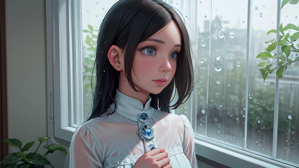 {best quality}, {very aesthetic}, {ultra-detailed}, {8k}, {Super elaborate face}, {Super-smart body}, Wet day, (A woman looking out the window indoors,), An ennui atmosphere, Super fine hair, flat chest, 1girl, Rain outside the window,