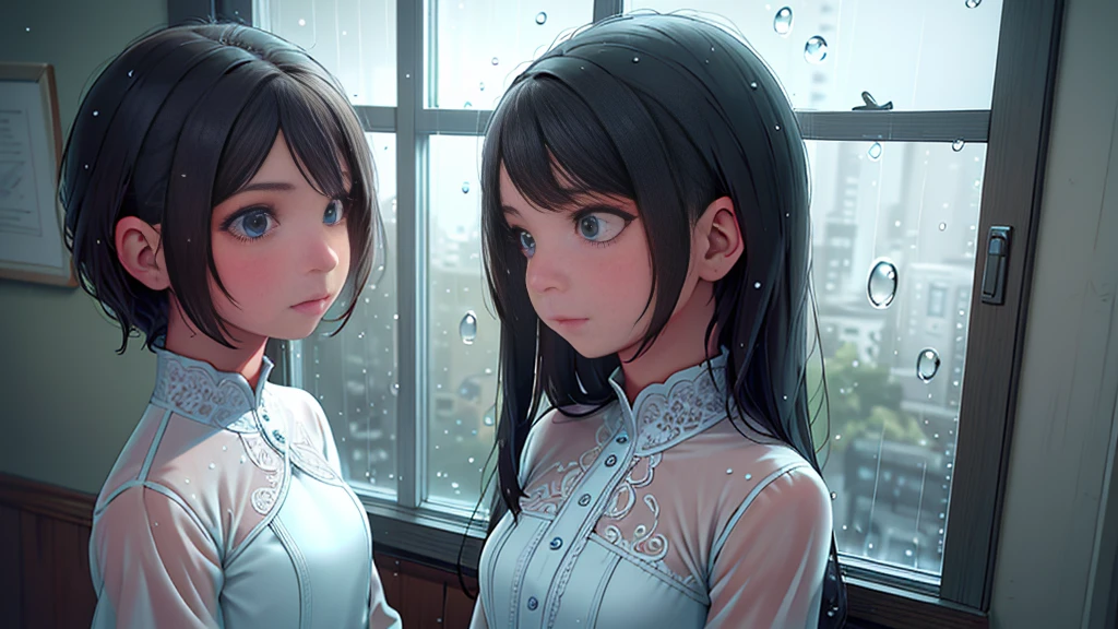 {best quality}, {very aesthetic}, {ultra-detailed}, {8k}, {Super elaborate face}, {Super-smart body}, Wet day, (A woman looking out the window indoors,), An ennui atmosphere, Super fine hair, flat chest, 1girl, Rain outside the window,