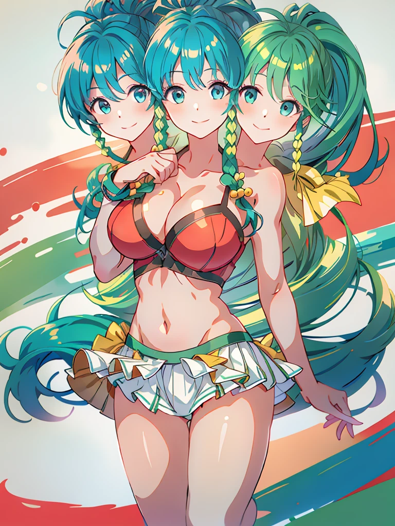 (masterpiece, best quality), best resolution, (3heads:1.5), 1girl, 16k resolution, highres, ultra quality, ultra resolution, ultra detail, FETana, green hair, ponytail, smiling, soft smile, open belly, red crop top, white-red miniskirt, swimsuit attire, open breasts, very huge tits, sexy pose,