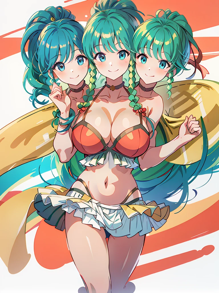 (masterpiece, best quality), best resolution, (3heads:1.5), 1girl, 16k resolution, highres, ultra quality, ultra resolution, ultra detail, FETana, green hair, ponytail, smiling, soft smile, open belly, red crop top, white-red miniskirt, swimsuit attire, open breasts, very huge tits, sexy pose,