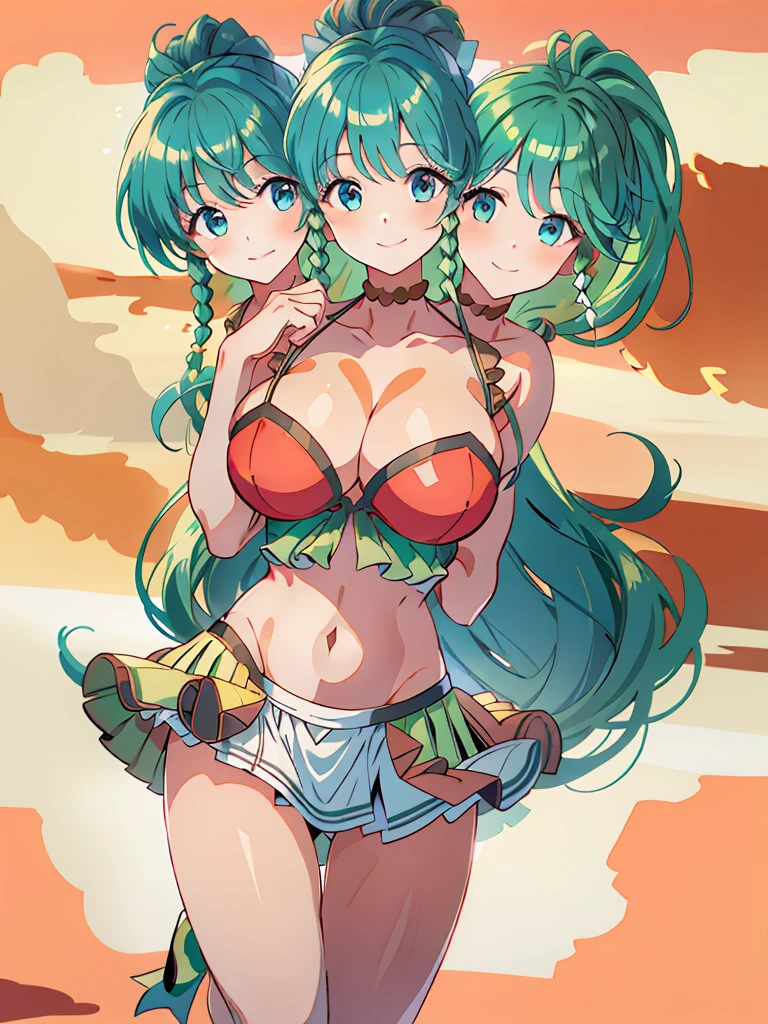 (masterpiece, best quality), best resolution, (3heads:1.5), 1girl, 16k resolution, highres, ultra quality, ultra resolution, ultra detail, FETana, green hair, ponytail, smiling, soft smile, open belly, red crop top, white-red miniskirt, swimsuit attire, open breasts, very huge tits, sexy pose,