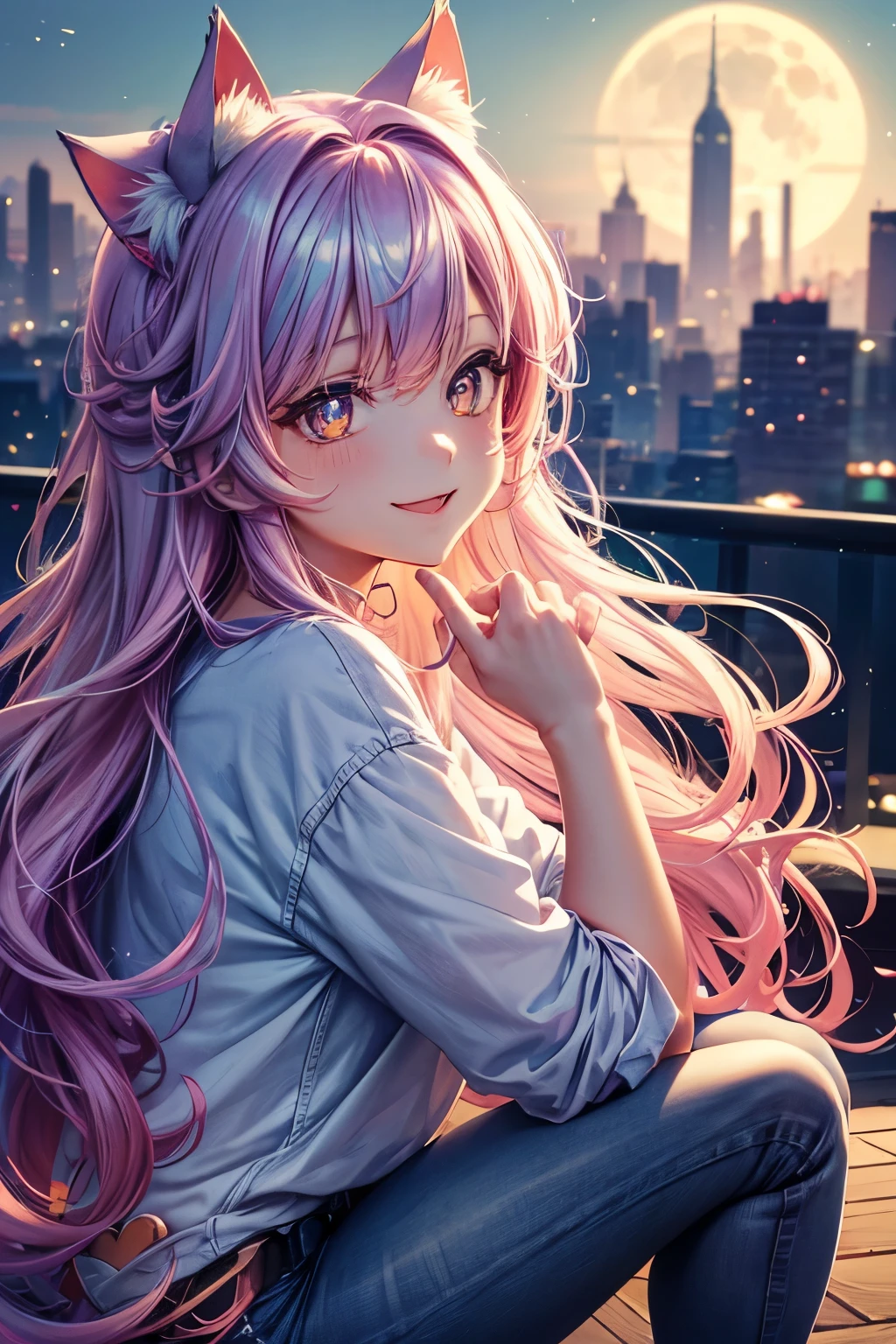 Top quality, high resolution, perfect human body structure, from side, rainbow hair, glowing hair, cat ears, background with flowers, moon, colorful, pastel colors, cityscape, fetal position , heart shaped pupils, wavy hair, shiny hair, smiling, cliff top, t-shirt, jeans,