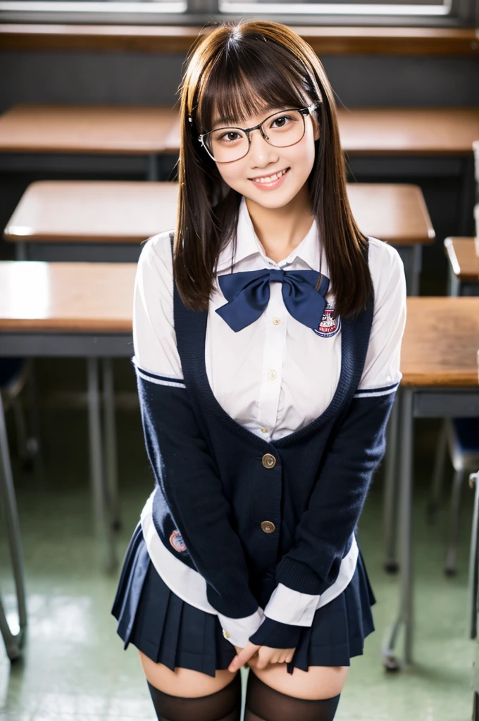 Wearing a miniskirt, Wearing a long-sleeved , Standing in knee-high socks. Black Bob Hair, Wearing glasses, Panty shot, Very large breasts, O cup or larger, Smiling Face, School classroom, nsfw, Sophisticated atmosphere. The images are of the highest quality, Highly detailed realism and vibrant colors. Lighting is perfectly balanced, Creates a professional and sophisticated look.