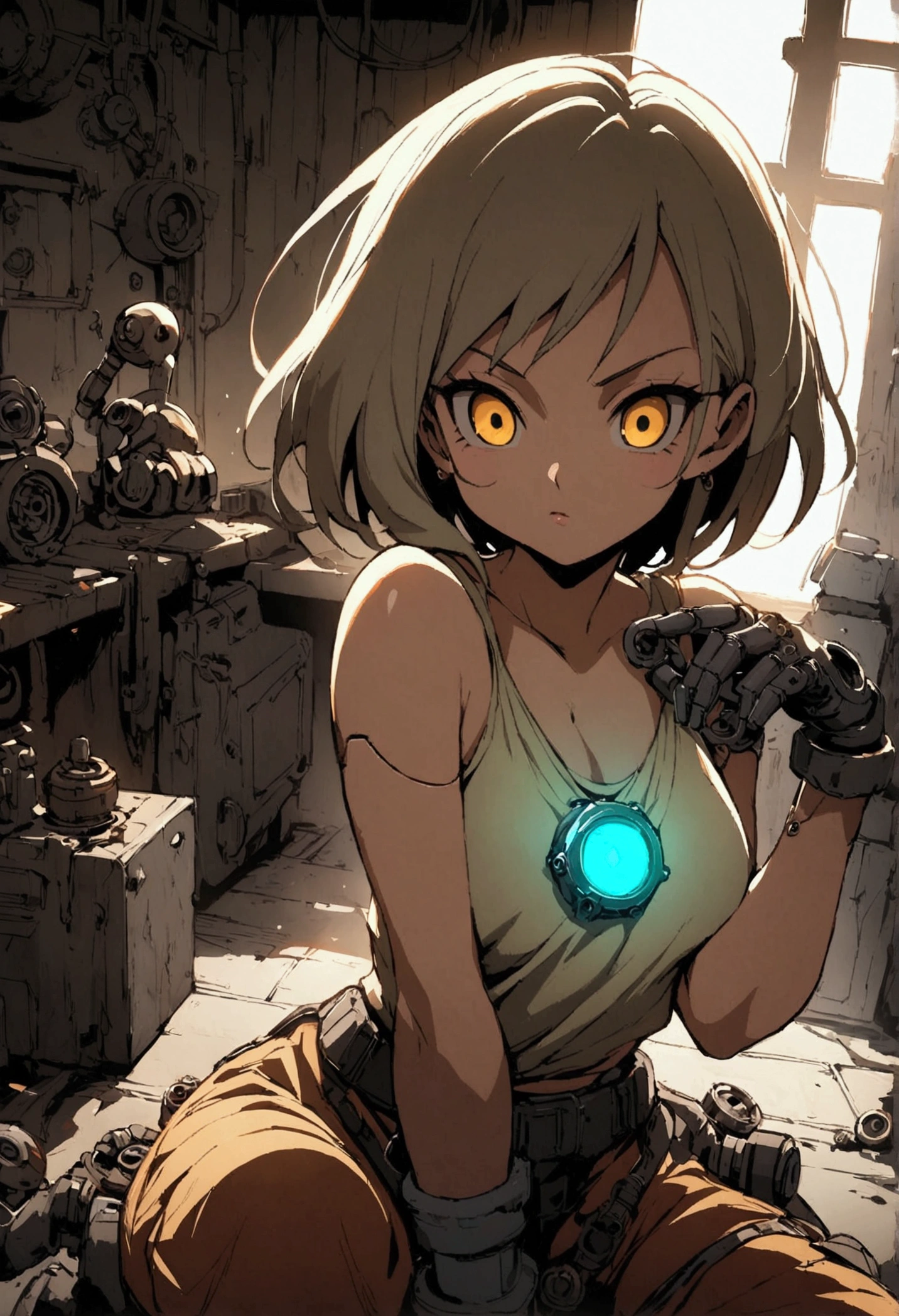 Anime-style illustration, Naruto + android 18 teen girl dbz with gold fire oversized clothing, merging as a mechanic with robotic parts interspersed within his human form, dynamic pose wrench in hand, workshop background cluttered with machinery, oil stains, dimly lit with flickering fluorescent lights, high contrast shadows, vivid colors, intricate detailing of mechanical components, digital painting., Mysterious
