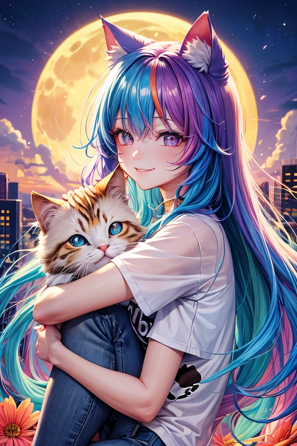 Top quality, high resolution, perfect human body structure, from side, rainbow hair, glowing hair, cat ears, background with flowers, moon, colorful, pastel colors, cityscape, fetal position , heart shaped pupils, wavy hair, shiny hair, smiling, cliff top, t-shirt, jeans,