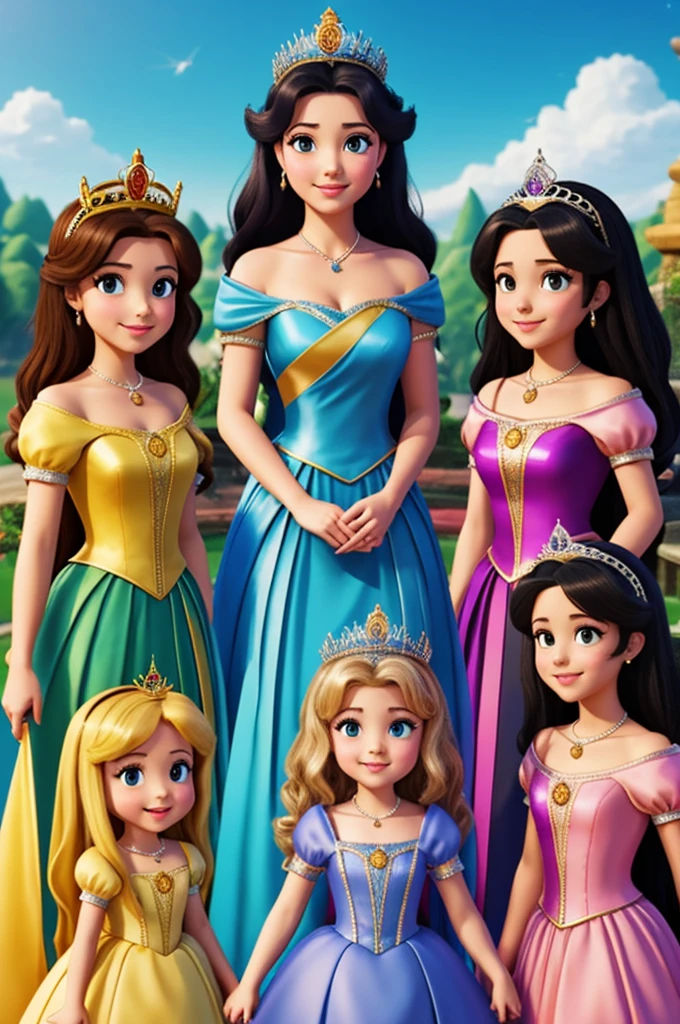 Create an image where three beautiful princesses are together, each with their animated crown
