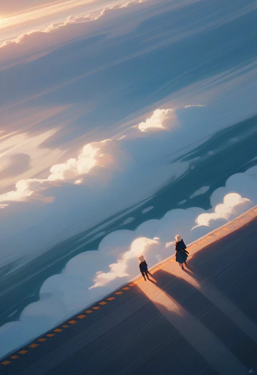 (Masterpiece, Highest quality: 1.2), (High resolution: 1.1), (Highest quality), Dynamic Angle, Shepherd Girl, null, cloud, Highland Road, Shepherd Dog, Flock of sheep, Top view, dramatic lighting, Beautiful shadows, beautiful,