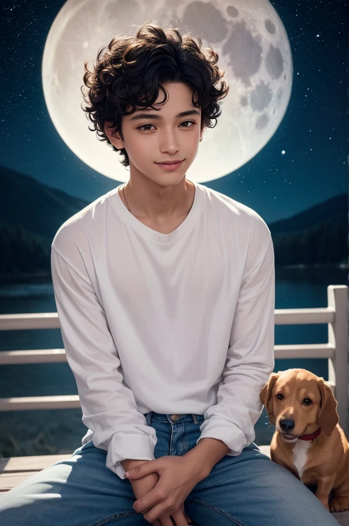 
 A bright, full moon floats in the night sky, with a faint blue glow around her. Stars twinkle in the background, creating a heavenly atmosphere.
 
   A dark-skinned boy with dark brown eyes and short curly hair styled "Little Prince" is sitting on the moon. He wears simple and comfortable clothes, like a white shirt and jeans. A radiant smile lights up his face as he holds a red rose in one hand.
   A dachshund with soft, golden fur snuggles next to the boy in the moon. His bright brown eyes brim with joy as he licks the boy&#39;s hand..
 The boy&#39;s expression demonstrates a deep connection with nature and the heavenly beauty around him.
  The dachshund seems to be the boy&#39;s best friend, sharing your moment of peace and happiness.
 The red rose in the boy&#39;s hand symbolizes love, friendship and admiration for the beauty of life.
 The image should be created in a soft, dreamlike style, capturing the magic and fantasy of the moment.
 Colors should be vibrant and expressive, highlighting the beauty of the moon, of stars and characters.
 The composition must be balanced and harmonious, creating a sense of peace and serenity.