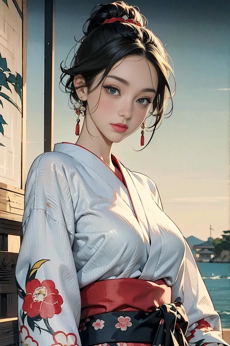 (Highest quality、 8k wallpaper、masterpiece、High resolution)、(whole body)、Vibrant colors、Brown-black bob、Traditional round topknot、Ample breasts、(Highly detailed face and eyes、Beautiful Face、Beautiful Eyes、Beautiful nose、Pretty lips)、Detailed Art,(Art with precise detail), (Japanese painting), (A woman in a kimono standing on a bridge),(Japanese clothes in calm colors), Detailed CG、