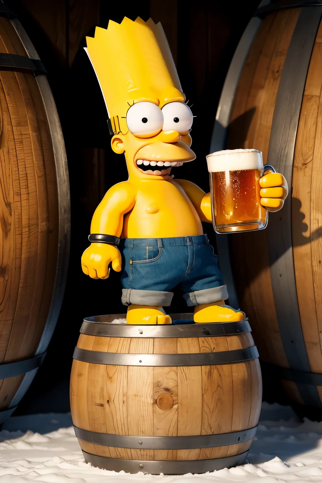 Make the character Bart Simpsons holding a mug of beer, at the bottom put in a large barrel written on a board " ice encounter "