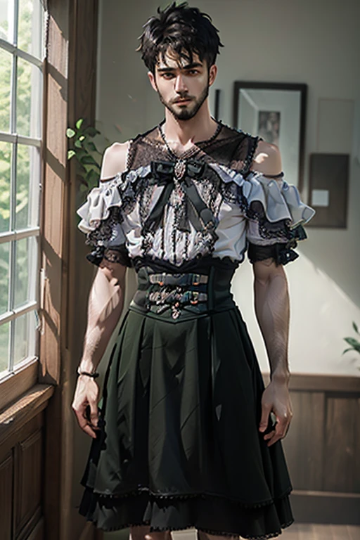 Young man wearing long green dress, full body , off shoulder, thick thighs, wide hips, thin and narrow weist, long legs, very small ?????? boyish haircut, hot man,hot male , hot man, hot male , bearded, HD, clear image, clear face