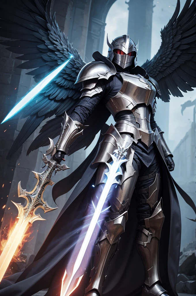 Monster archangel with full armor and helmet, with divine sword and divine shield, with immortal power, Super strength, furtive.
