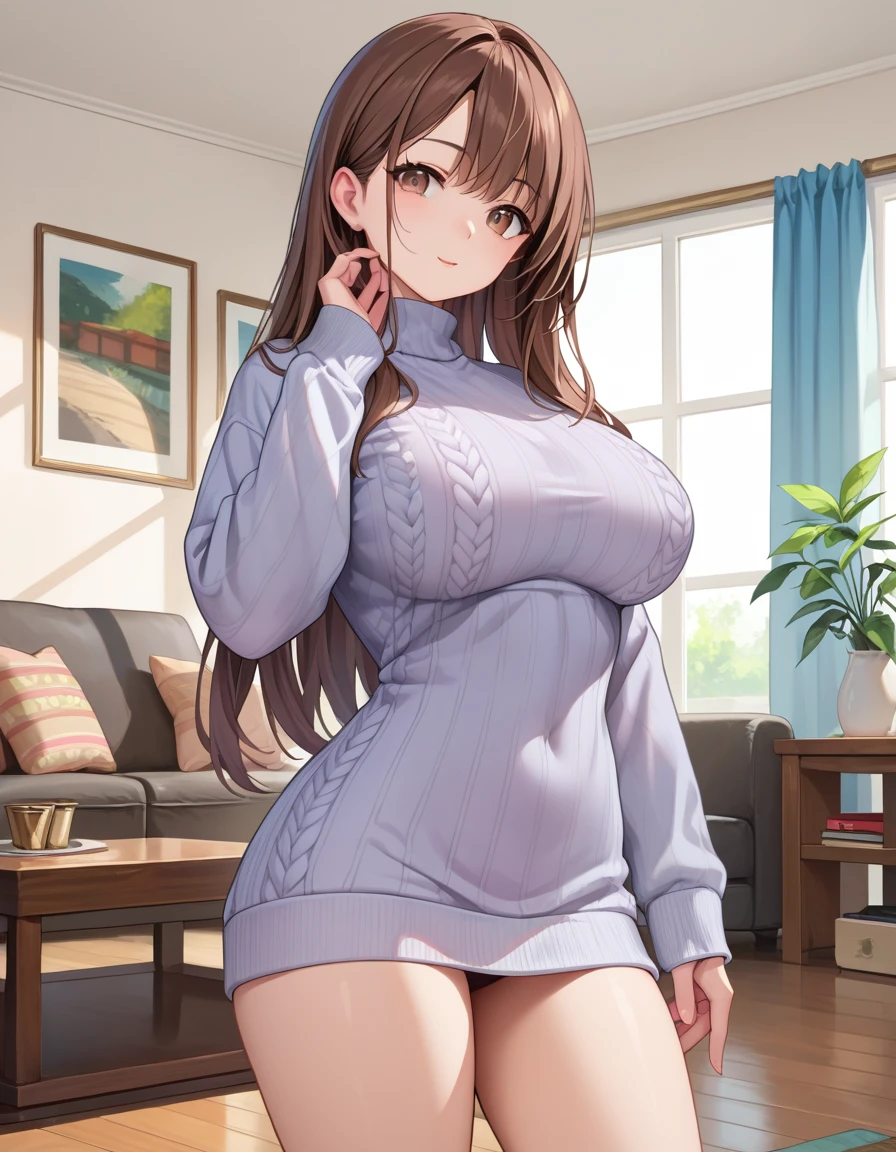 score_9, score_8_up, score_7_up, source_anime, 1girl, brown hair, long hair, brown eyes, big breasts, living room, sweater, standing