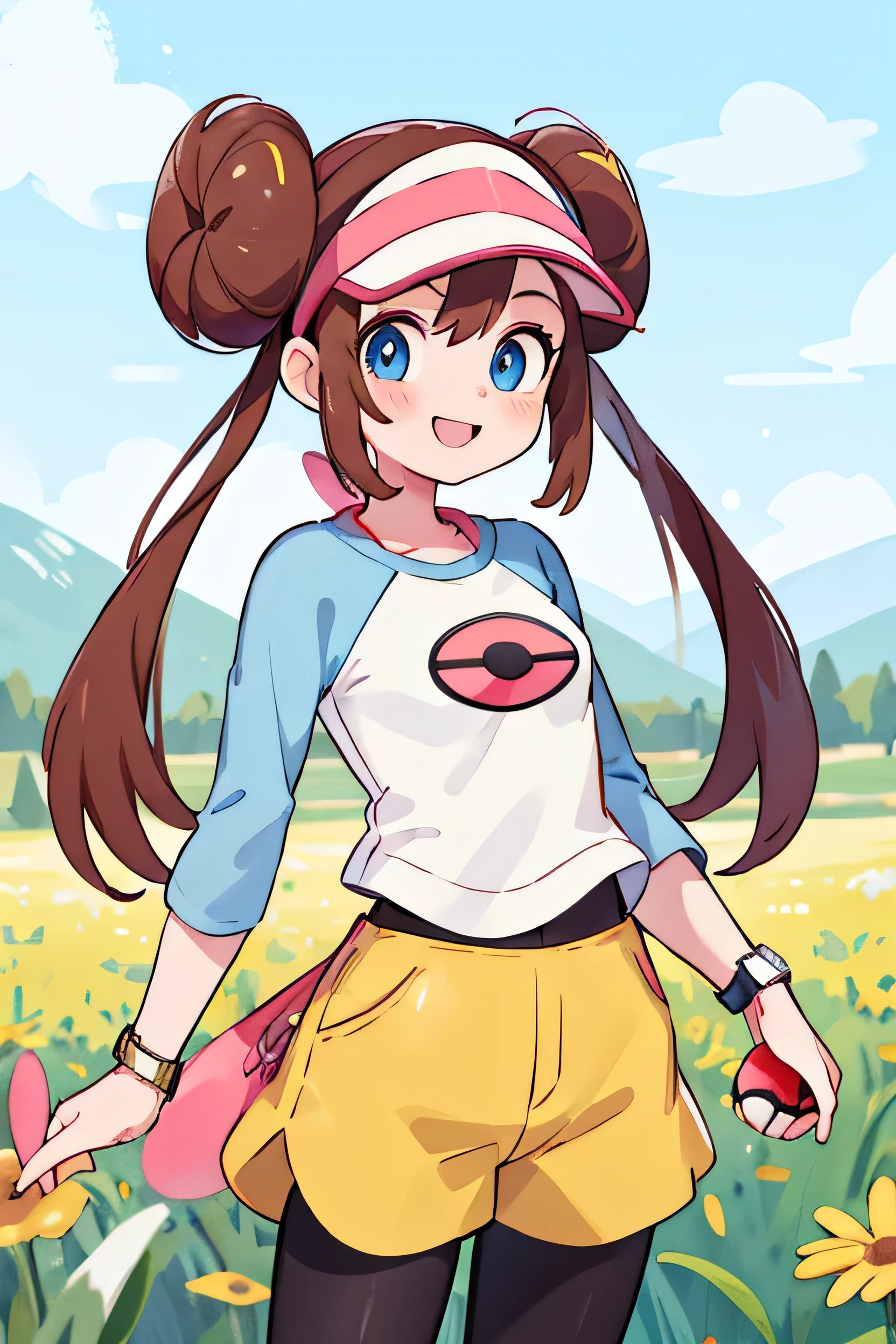 masterpiece, Highest quality, High resolution, B1, Hair Bun, blue eyes, Twin tails, Visor Cap, pantyhose, Raglan sleeves, Yellow shorts, shirt, Pink ribbon, watch, Are standing, Cowboy Shot, Field, Pokéball \(Basic\), smile