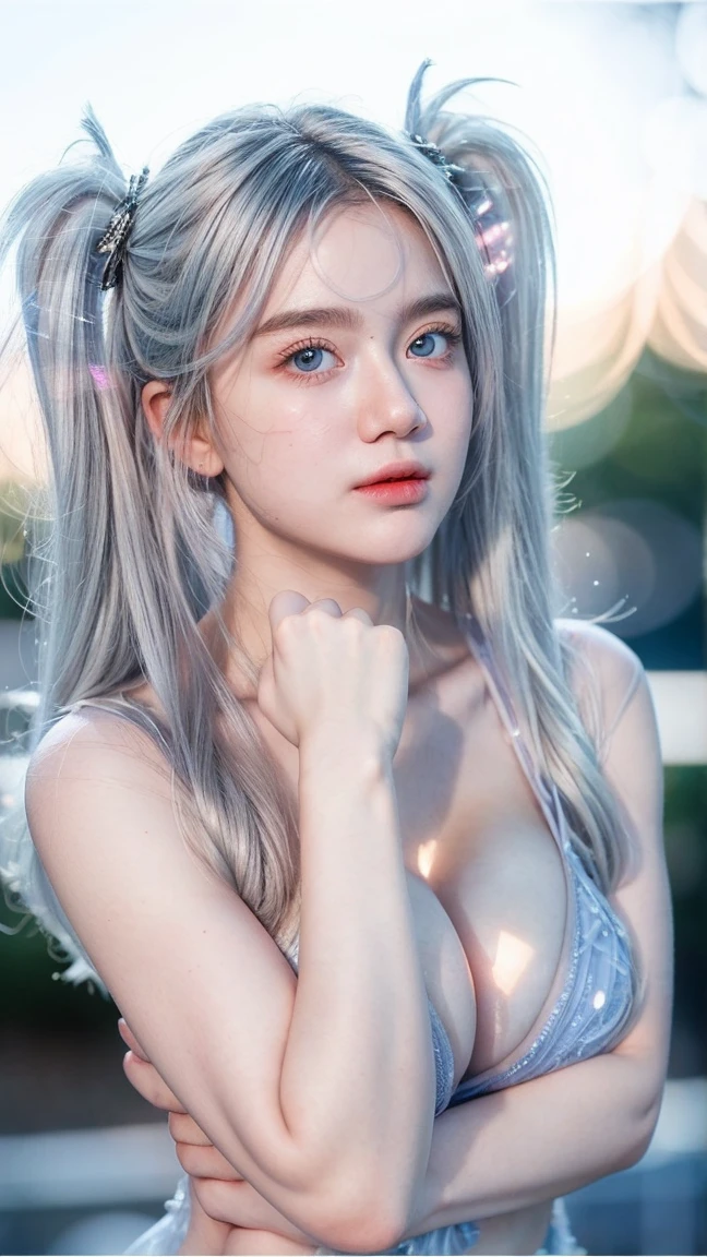 Georgeous, Beautiful, Cute, Baby Face, 18 Years Old, White Skin, Cleavage, ((Large Colossal Breast:1.3)), ((Transparent:1.3)), ((no having clothes)), (Embroidery), Posing, ((Silver Hair)), ((Bright Blue Eye)), ((Muscles:1.2)), ((Bokeh:1.3)), Animal Farmer Background, Masterpiece, Twintails, Arms Up
