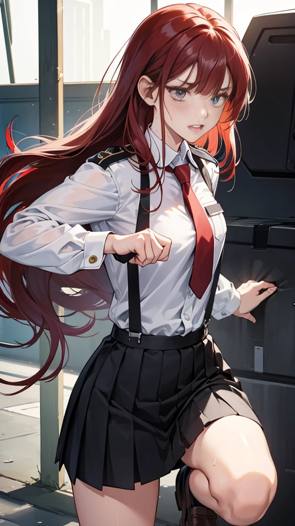 {{masterpiece}}, {{{Highest quality}}},{{Very detailed}}, {{figure}},{{tall}},{{Adult female}},,{{Fighting stance}},{Ryona},{{Long sleeve mini skirt uniform}},{{Abuse power and lose}},}}{defensive posture}},{fighting stance}},{Jumping},{Malaise}, ,{{distress}},{{Eyelet foot}},,{{}},{{}},,{{}},{{}},,Slender body}}{{Avoidance}}{{Female police officer}},,,,suspenders ,Long sleeve mini skirt uniform, White High Socks,Black fingerless gloves, Long Red Hair, Red tie,Straight hair ,Blunt bangs,Thigh holster,.amountn loafer,,blush,Wrinkles ,amount,Grit your teeth,suffering,v-shaped eyeamounts.,Sweat dripping,Medium chest ,get annoyed,,Slums,,Twisting,