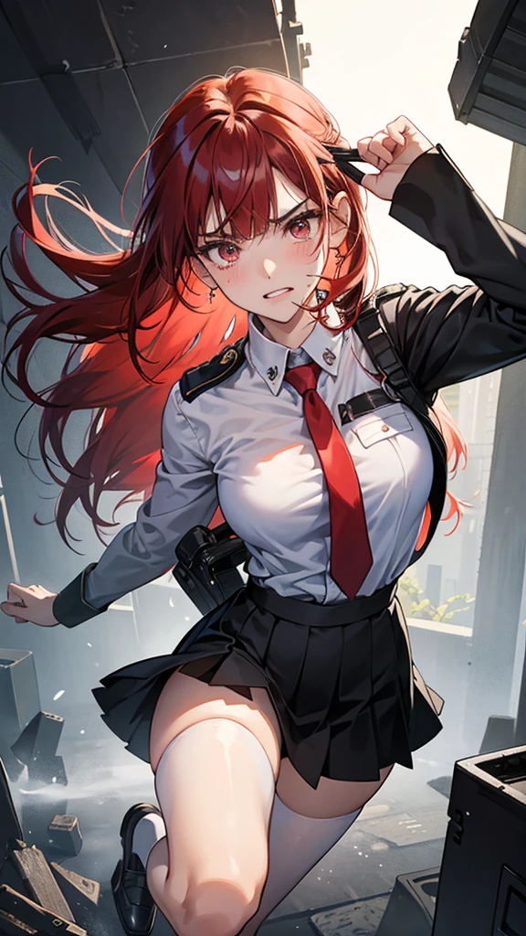 {{masterpiece}}, {{{Highest quality}}},{{Very detailed}}, {{figure}},{{tall}},{{Adult female}},,{{Fighting stance}},｛Ryona｝,{{Long sleeve mini skirt uniform}},{{Abuse power and lose}},}}{defensive posture}},{fighting stance}},{Jumping},{Malaise}, ,{{distress}},{{Eyelet foot}},,{{}},{{}},,{{}},{{}},,Slender body}}{{Avoidance}}{{Female police officer}},,,,suspenders　,Long sleeve mini skirt uniform, White High Socks,Black fingerless gloves, Long Red Hair, Red tie,Straight hair ,Blunt bangs,Thigh holster,.amountn loafer,,blush,Wrinkles ,amount,Grit your teeth,suffering,v-shaped eyeamounts.,Sweat dripping,Medium chest ,get annoyed,,Slums,,Twisting,