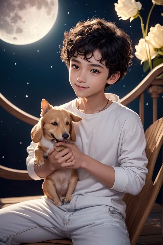 A bright, full moon floats in the night sky, with a faint blue glow around her. Stars twinkle in the background, creating a heavenly atmosphere.
A dark-skinned boy with dark brown eyes and short curly hair styled "Little Prince" is sitting on the moon. He wears simple and comfortable clothes, like a white shirt and jeans. A radiant smile lights up his face as he holds a red rose in one hand.
A dachshund with soft, golden fur snuggles next to the boy in the moon. His bright brown eyes brim with joy as he licks the boy's hand..
The boy's expression demonstrates a deep connection with nature and the heavenly beauty around him.
The dachshund seems to be the boy's best friend, sharing your moment of peace and happiness.
The red rose in the boy's hand symbolizes love, friendship and admiration for the beauty of life.
The image should be created in a soft, dreamlike style, capturing the magic and fantasy of the moment.
Colors should be vibrant and expressive, highlighting the beauty of the moon, of stars and characters.
The composition must be balanced and harmonious, creating a sense of peace and serenity.