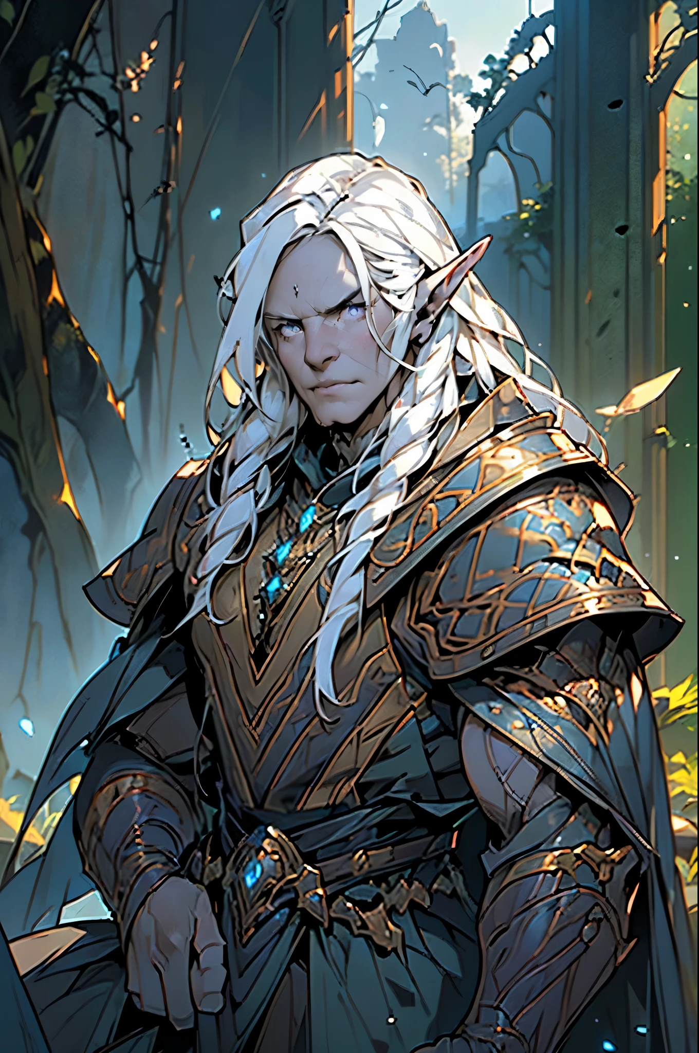 pointy ears, mature (((50 years old)), elf, fantasy, humanoid, white hair, male, detailed face, realistic, highly detailed, extremely detailed, photorealistic, hyperrealistic, 8k, best quality, masterpiece, vivid colors, dramatic lighting, cinematic, natural lighting, chiaroscuro, moody, ethereal, magical, mystical, otherworldly