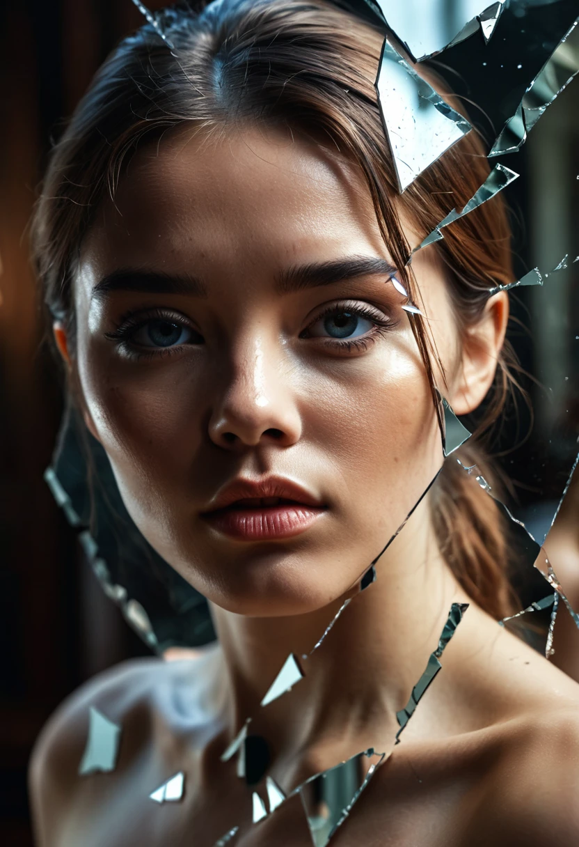 photoillutration of double exposure of merged, 1broken(shattered:1.5) mirror, 1girl's face(transparency effect of the face on the mirror:0.85(accurate:1.2))seamless mixed, texture and patern, transparency face effect on the mirror, fit-face fragments' image emerge through the mirror, iconic stance, dramatic shadows, dramatic lights, interlacing elements, , front view, fantasy art, two tones, digital manipulated photo art, hyper-realistic, ultra-detailed, crisp clarity, high-contrast, luminous ambiance, rich textures, intricate patterns, vivid colors, cinematic lighting, photo realistic, accurate anatomical proportions, cinematic blurry background