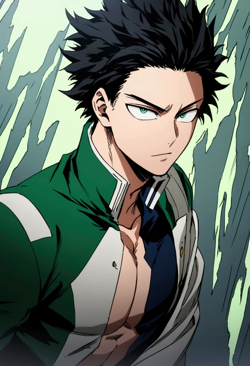  high image quality, He is a 17 year old teenager, He has slightly disheveled very black hair..., somewhat light green eyes, , muscular body , sexy face, He is dressed in the anime male uniform "my hero academia", detailed face, bright green eyes 