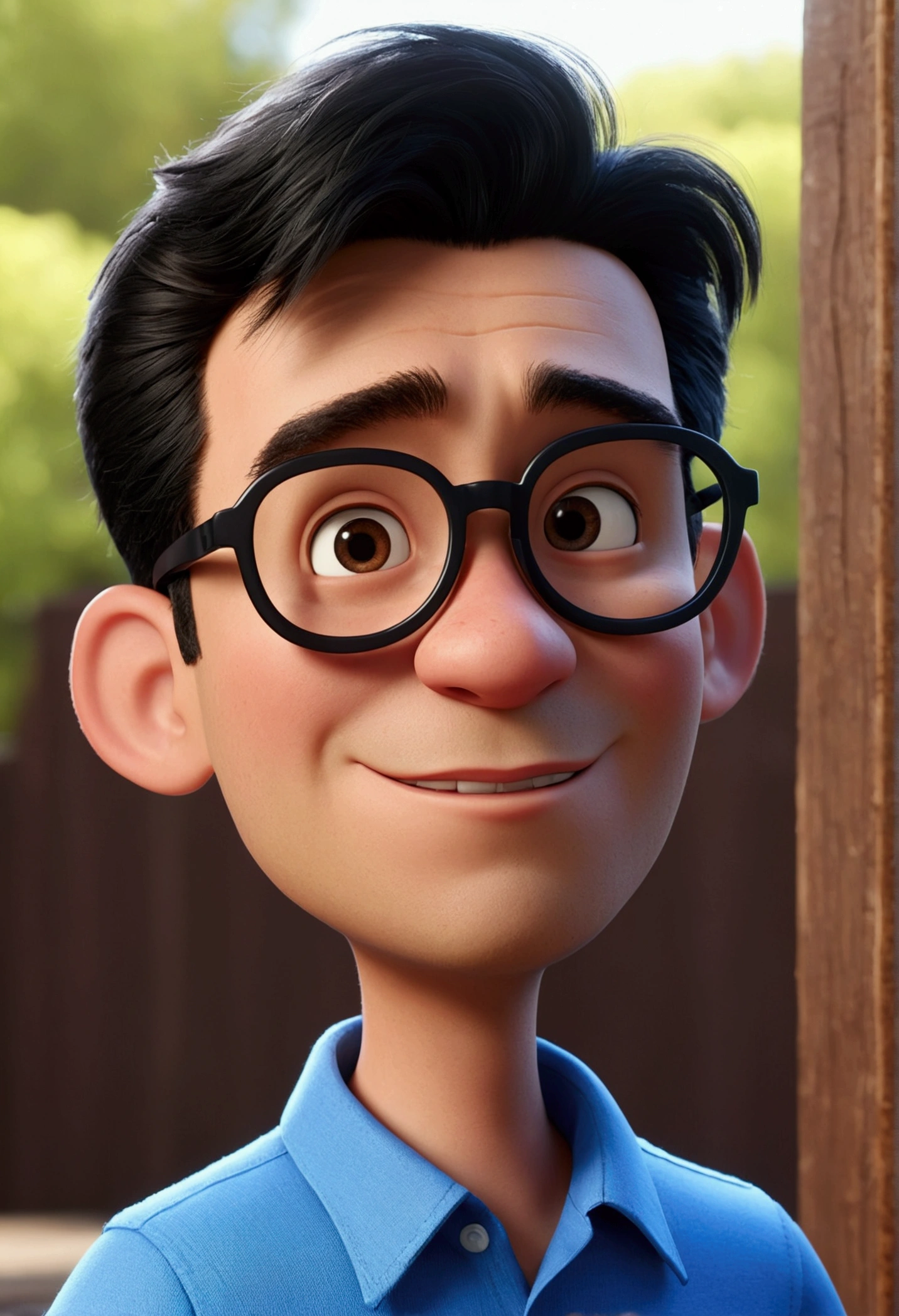 Cartoon character of a man in black glasses and blue shirt, an animated character, stylized character, animation style rendering, 3d stylized, Arnold Maya rendering, Stylized 3D rendering, toon render screenshot, 3d character, 3d character, Stylized 3D rendering, 3D character rendering, cartoon character, Personagem de close up, character posing, (Pixar-style) (master part:1.2) (bokeh) (best qualityer) (skin detailed) (detailed texture) (8k) (Argilla) (cinematic lighting) (sharp focus，Sit down and lift your upper body