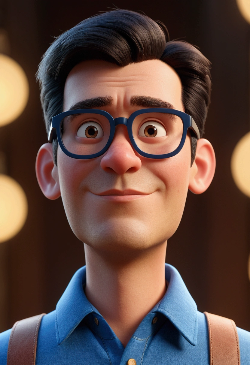 Cartoon character of a man in black glasses and blue shirt, an animated character, stylized character, animation style rendering, 3d stylized, Arnold Maya rendering, Stylized 3D rendering, toon render screenshot, 3d character, 3d character, Stylized 3D rendering, 3D character rendering, cartoon character, Personagem de close up, character posing, (Pixar-style) (master part:1.2) (bokeh) (best qualityer) (skin detailed) (detailed texture) (8k) (Argilla) (cinematic lighting) (sharp focus,Sit down and lift your upper body