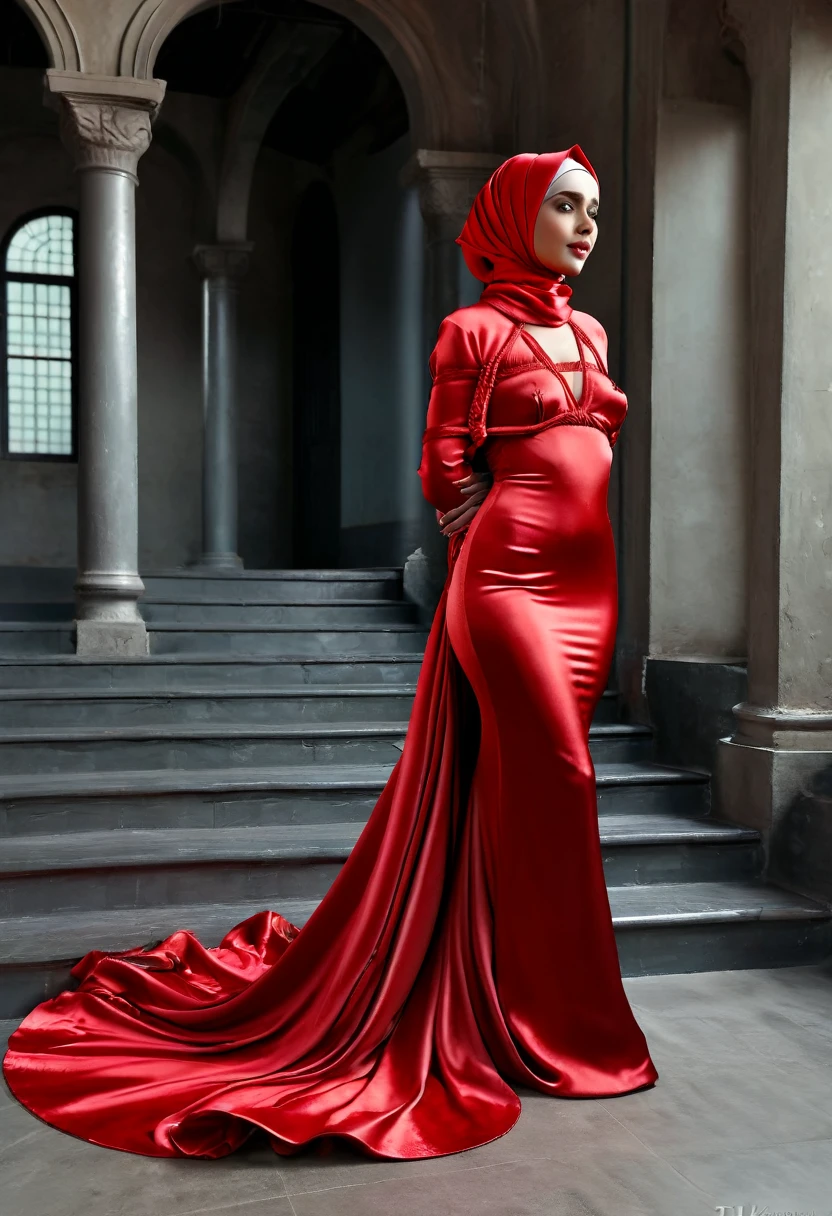 a woman in the red silk gown, tied with satin, tied tightfull body,wear hijab, half neked,mermaid tight long gown, flowy dramatic long gown, double long satin train ( 4 meter long ),satin sheet,wear high heels, strugle to walk,masterpice, 4k resolution, ultra-realistic, highly detail.