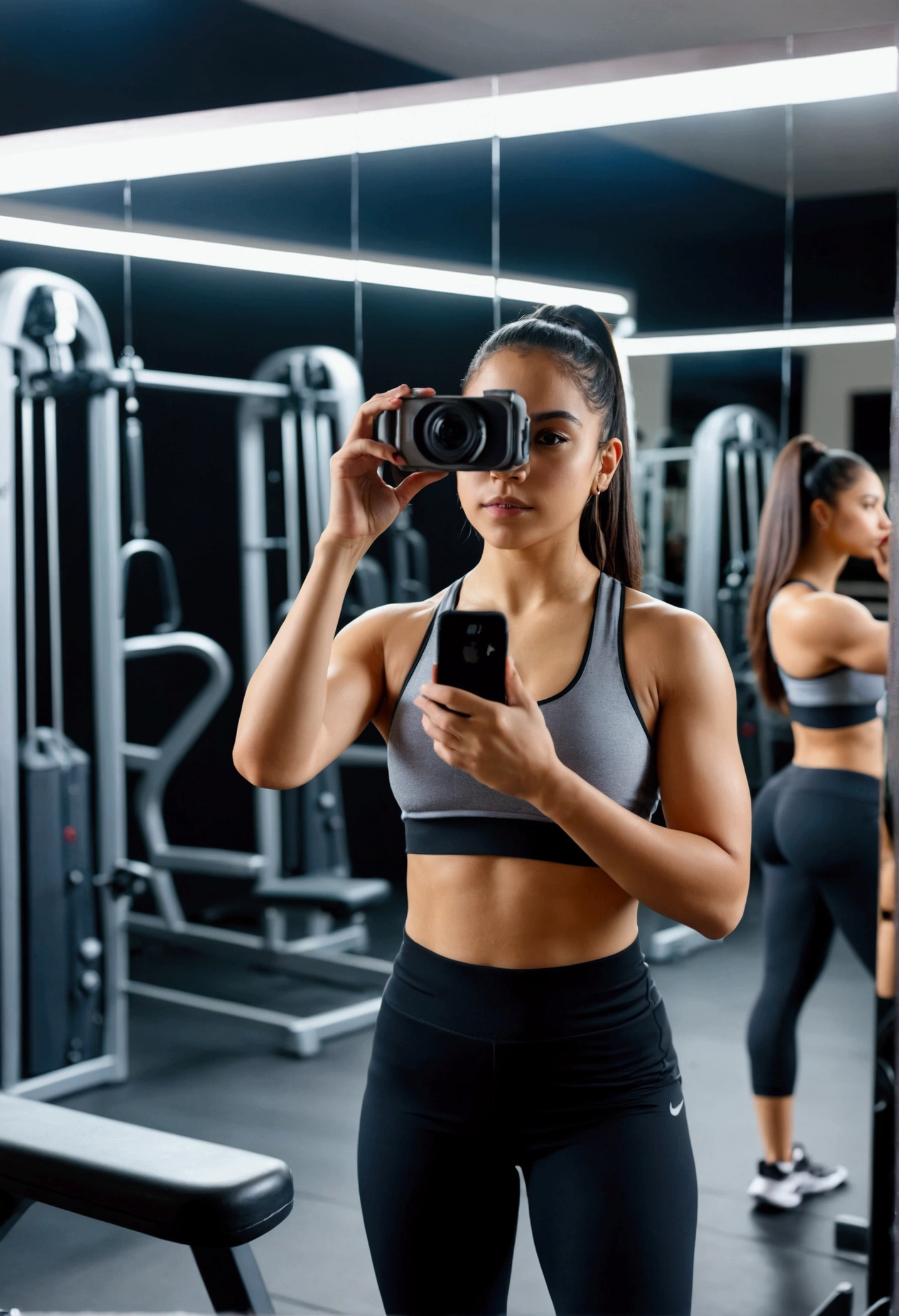 a young Latina woman taking a photo in front of a mirror in a gym. picture in 8k, ultra-realistic and detailed, the gym is empty and with various equipment in the background, foto tirada num iphone, remova camera, she is holding an iphone