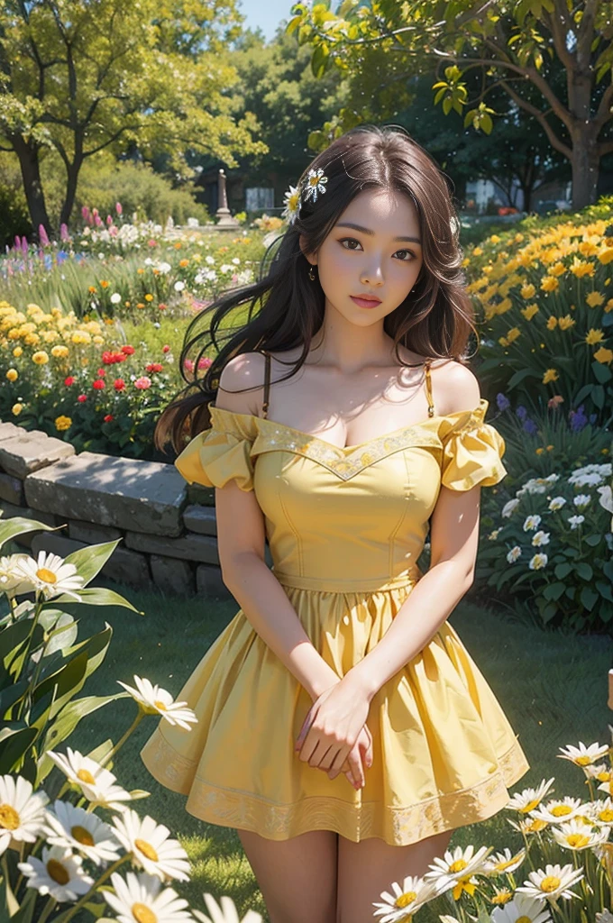 Wearing a bright yellow dress,Bring out her fair complexion, Standing gracefully in front of a flowery garden,Front Shooting, Double exposure effect creates an ethereal atmosphere,bathed in the warm glow of the sun. The garden was full of colorful flowers, Including roses, tulips, and daisies, Create a picturesque background. girl surrounded by breeze, Let her hair flow gracefully. As she gazes into the distance,Her eyes are full of curiosity and innocence, hinting at her charming smile, There's a story behind this. Portraits are created with oil paints, Give it a rich and timeless feeling. vibrant with colors、with dynamism, Focus on warm colors,Create a feeling of warmth and well-being. The lighting is soft and natural, Gives girls a soft glow;s face, exquisite detailing,Enhance her facial features,Create a sense of depth. The overall quality of the artwork is of the highest standard, Every stroke reveals the artist's style'of talent;Talents;Skills and attention to detail. The degree of reality is shocking, Bring your portrait to life, Evoke a connection with the audience. This masterpiece captures the beauty and essence of the girl, provides a timeless and captivating manifestation of her existence.