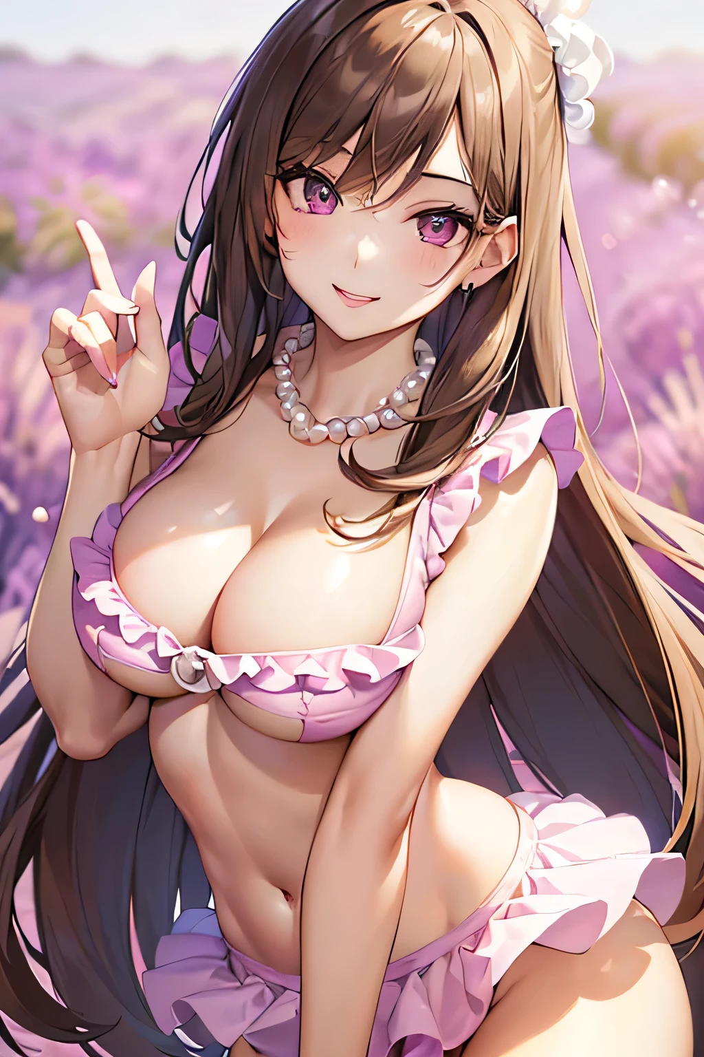masterpiece, top quality, super detailed, high resolution, (ink painting style), excellent anatomy, beautiful 1 woman, 8k, (sharp focus:1.2, perfect figure:1.4, slim abs), ((medium breasts, emphasize cleavage, the under boob is visible:1.3)), (light brown hair:1.5), highly detailed face and skin texture, fine grain, double eyelid. makeup face, a little bit of lipstick, sex appeal, sexy gravure pose, ((wearing a pink frilly top and a white mini skirt, wearing a pearl necklace in a lavender field, have a gracious smile:1.3)), best light, best shadow, mysterious, perfect face, highly detailed,