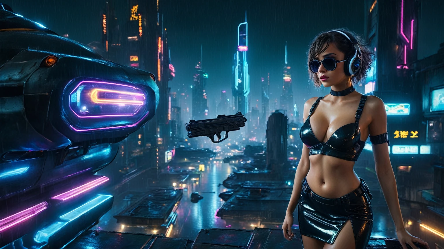(aerial view, a flying cars docking platform, a very dark abandoned futuristic city, neon lights), rainy night. 1girl, solo, alone, large-breast:1.2 slim body, cleavage:1.1, sexy wind blowing wet dress:1.4, (headphone, black sunglasses), (((she raised a pistol:1.8 and took aim))), dynamic pose, (((half-body thigh level medium shot))), cinematic lighting, lens flare, ray tracing.